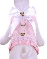 Cha Cha Couture - Gingham Gal Harness Vest - Pink gingham fabric with pleated bottom, adorned with lace trim, and a white satiny bow.  Velcro closures at neck and chest.  Lined in white.  Matching Leash included.