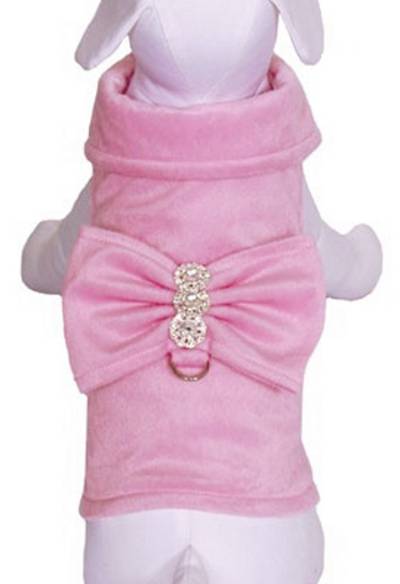 Cha-Cha Couture - BowWow Bow Sleeveless Harness Jacket - Soft and plush, this stylish dog jacket is accented with a great big bow and crystal bling accents!  The large cuffed collar frames the dog's face.  Velcro closure at tummy.  Matching Leash included.