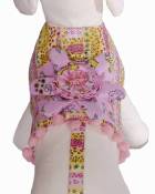 Cha-Cha Couture Miranda Harness Vest with Matching Leash - Colorful harness vest with a yellow and pink theme.  With a puffed flower accent below the D-ring, and pink pom pom fringe.