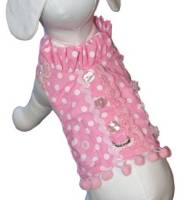 Cha-Cha Couture - Pretty In Pink Harness - Polka dot print harness is made from a lightweight cotton fabric, accented with rick-rack, lace, buttons, and pom-pom fringe.  Velcro closures at neck and tummy.  Lined in White.  Matching Leash included.