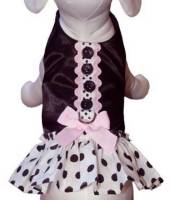 Cha-Cha Couture - Polka Dot Princess Skirted Harness with Matching Leash - This adorable skirted harness is made with a lightweight satin fabric bodice, and a cotton polka fabric skirt, embellished with rick rack trim, buttons and a pink bow. Velcro closures at waist and neck.  Bodice lined in black satin.  Matching Leash included.