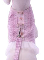 Cha-Cha Couture - Delightful Tutu Harness - An adorable harness vest made from a lightweight pink and white gingham print threaded with strands of silver.  Tulle ruffle at waistline, rose accents, and eyelet trim.  Velcro closures at waist and neck.  Lined in pink and white gingham.  Matching Leash included.