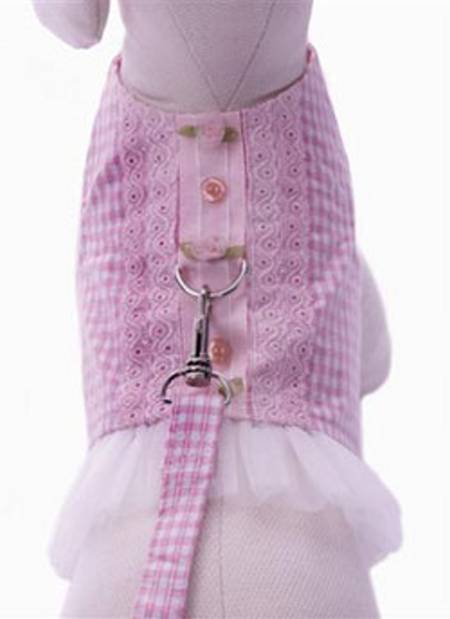 Cha-Cha Couture - Delightful Tutu Harness - An adorable harness vest made from a lightweight pink and white gingham print threaded with strands of silver.  Tulle ruffle at waistline, rose accents, and eyelet trim.  Velcro closures at waist and neck.  Lined in pink and white gingham.  Matching Leash included.