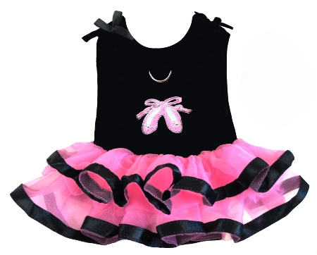 Doggie Design's New Ballerina Tutu Slipper Dress will make your little girl want to dance for joy!  Made with a Very High End Black Velvet Bodice and Pink Chiffon Skirting, with Black Satin edge trim. This Tutu Dress is a harness style with Velcro closures and D-ring for easy leash attachment.  Features Embroidered Pink Jeweled Ballerina Slippers and 2 Velvet Ribbons on the shoulder. Comes with D-Ring.