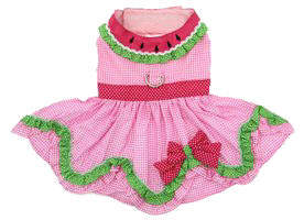 Doggie Design - Watermelon Harness Dress - Features D-Ring, Embroidered Seed Collar with Ric-Rac and Ruffle, Coordinating Pink Polka Dot Bow and Waistband, and adorable Ruffle Skirting.  Velcro closures at neckline and belly.