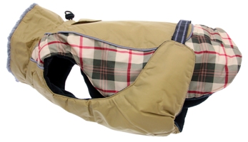 Doggie Design - Alpine All Weather Coat - Beige Plaid - Doggie Design's New 2015 Alpine All Weather Coats are designed to keep your tiny and large dogs warm and dry in all weather conditions. The new Alpine coats are made with a tough, waterproof outer polyester. The layers are designed with extra fiber fill for added warmth and protection. Finally, the interior is lined with a thick warm fleece. They come with adjustable straps, covered d-ring access hole, faux fur lined collar with neck cinch, and reflective night safety straps and trim.