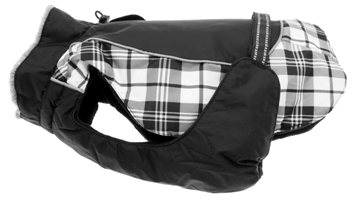 Doggie Design - Alpine All Weather Coat - Black & White Plaid - Doggie Design's New 2015 Alpine All Weather Coats are designed to keep your tiny and large dogs warm and dry in all weather conditions. The new Alpine coats are made with a tough, waterproof outer polyester. The layers are designed with extra fiber fill for added warmth and protection. Finally, the interior is lined with a thick warm fleece. They come with adjustable straps, covered d-ring access hole, faux fur lined collar with neck cinch, and reflective night safety straps and trim.