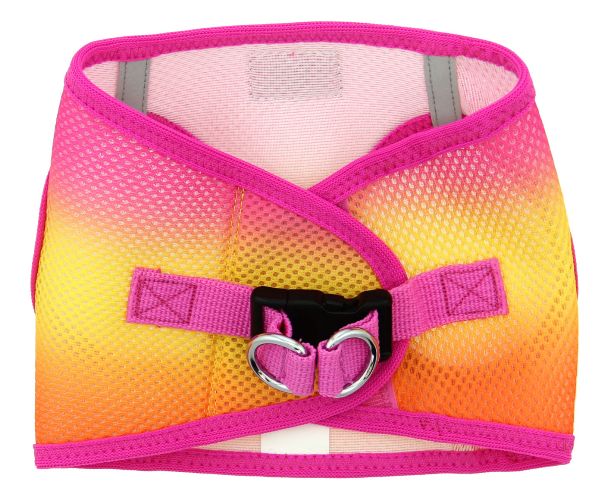 Doggie Design - American River Cool Mesh Choke-Free Harness - Raspberry Pink and Orange - Doggie Design is the FIRST and ONLY company in the world to create this Exciting New Ombre Harness Design. They used their own special color blending technique to create a beautiful Palette of Rainbow Colors. Doggie Design is the ONLY company that makes this Step in Mesh Choke Free Design in reinforced large dog sizes, up to size XXXL (approx 90 Lbs.).