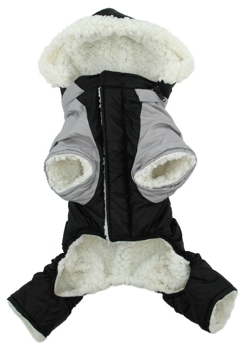 Doggie Design Black and Grey Ruffin It Snow Suit - Keep your furbaby warm, cuddly, and dry on those cold winter days.  Fully lined with soft faux sherpa fleece.  Outer shell is made from a soft, flexible water repellant polyester/nylon blended fabric, with the words "Ruffin It" silkscreened on the back.  Removable hood.  D-ring.