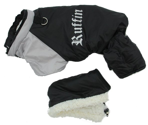 Doggie Design Black and Grey Ruffin It Snow Suit - Keep your furbaby warm, cuddly, and dry on those cold winter days.  Fully lined with soft faux sherpa fleece.  Outer shell is made from a soft, flexible water repellant polyester/nylon blended fabric, with the words "Ruffin It" silkscreened on the back.  Removable hood.  D-ring.