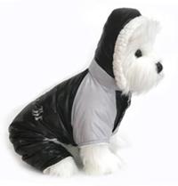 Doggie Design Black and Grey Ruffin It Snow Suit - Keep your furbaby warm, cuddly, and dry on those cold winter days.  Fully lined with soft faux sherpa fleece.  Outer shell is made from a soft, flexible water repellant polyester/nylon blended fabric, with the words "Ruffin It" silkscreened on the back.  Removable hood.  D-ring.
