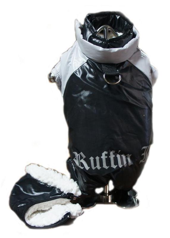 Doggie Design Black and Grey Ruffin It Snow Suit - Keep your furbaby warm, cuddly, and dry on those cold winter days.  Fully lined with soft faux sherpa fleece.  Outer shell is made from a soft, flexible water repellant polyester/nylon blended fabric, with the words "Ruffin It" silkscreened on the back.  Removable hood.  D-ring.