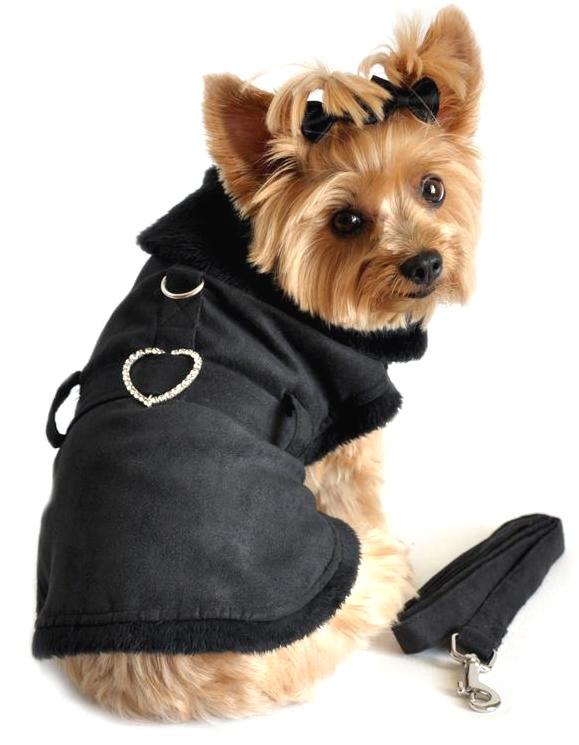 Doggie Design - Lined in Minky Plush Fur, this Black faux Suede Harness Coat has a Brilliant Rhinestone Heart Shaped Buckle, Velcro closures at neck and tummy, and includes a Matching Leash