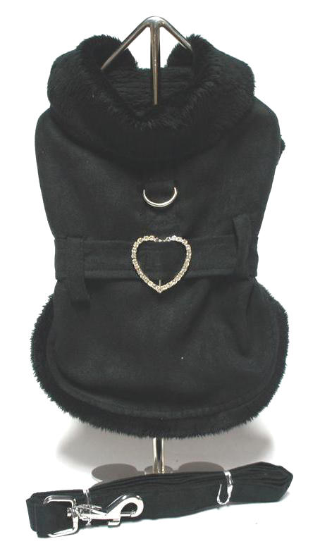 Doggie Design - Lined in Minky Plush Fur, this Black faux Suede Harness Coat has a Brilliant Rhinestone Heart Shaped Buckle, Velcro closures at neck and tummy, and includes a Matching Leash.