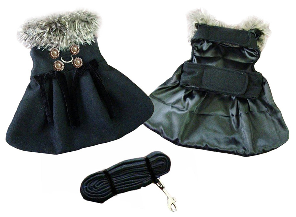 Doggie Design - Classic Black Wool Harness Coat with thick faux fur Silver Grey Collar Harness.  Velcro Neck and Chest Closures.  Comes with Matching Leash and D-Ring for easy leash attachment.  Made with super High Quality Wool Blend for extra warmth and lined in Ultra Rich Satin. Adorned with Designer Brass Buttons.