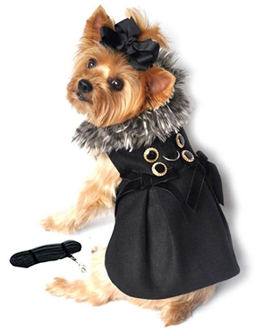 Doggie Design - Classic Black Wool Harness Coat with thick faux fur Silver Grey Collar Harness.  Velcro Neck and Chest Closures.  Comes with Matching Leash and D-Ring for easy leash attachment.  Made with super High Quality Wool Blend for extra warmth and lined in Ultra Rich Satin. Adorned with Designer Brass Buttons.