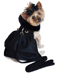 Doggie Design - Black Wool Black Faux Fur Collar Harness Coat - Newly redesigned Black Wool Harness Coat with thick and rich Black Fur Collar and pleated outer skirting.  Velcro Neck and Chest Closures. Comes with Matching Leash and D-Ring for easy leash attachment. Made with super High Quality Wool Blend for extra warmth and lined in Ultra Rich Satin. Adorned with Designer Brass Buttons.