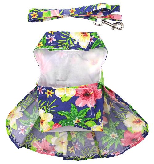 Doggie Design - Blue Lagoon Hawaiian Hibiscus Harness Dress, with Matching Leash.