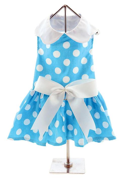 Doggie Design - Blue Polka Dot Harness Dress with Matching Leash - Great for everyday wear because it's lightweight and fun with a large white collar and large white bow at waistline.  Heavy Duty Velcro Closures are safe and secure. The extra strength nylon reinforced D-Ring allows the dress to be used as a harness. Matching leash included.