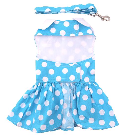 Doggie Design - Blue Polka Dot Harness Dress with Matching Leash - Great for everyday wear because it's lightweight and fun with a large white collar and large white bow at waistline.  Heavy Duty Velcro Closures are safe and secure. The extra strength nylon reinforced D-Ring allows the dress to be used as a harness. Matching leash included.