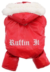 Doggie Design - Red Ruffin It Snowsuit - Keep your furbaby warm, cuddly, and dry on those cold winter days.  Fully lined with soft and thick faux sherpa fleece.  Outer shell is made from a soft, flexible water repellant polyester/nylon blended fabric, with the words "Ruffin It" silkscreened on the back.  Removable hood.  D-ring.