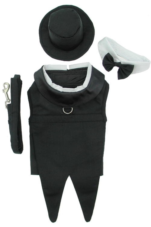 Doggie Design Black Harness Tuxedo - well tailored with tails, top hat and bow tie collar