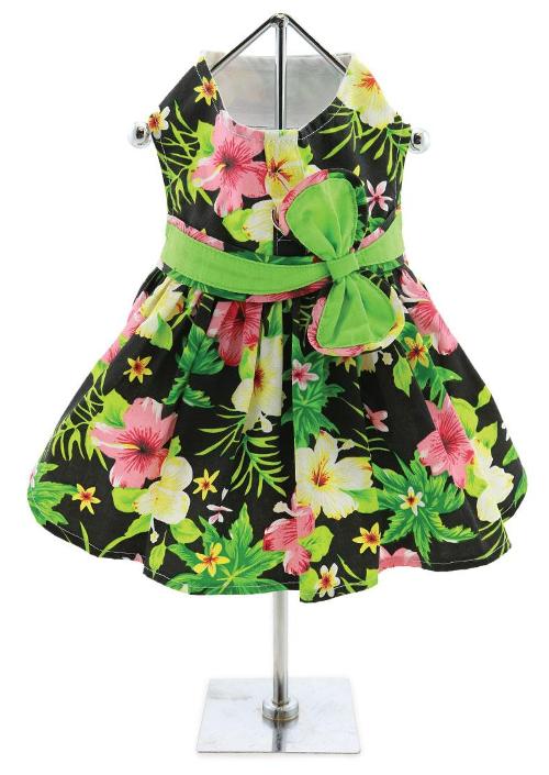 Doggie Design - Twilight Black Hawaiian Hibiscus Harness Dress, with Matching Leash.