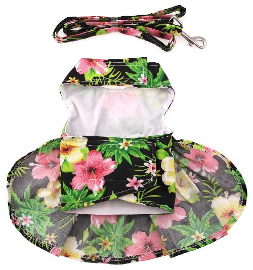 Doggie Design - Twilight Black Hawaiian Hibiscus Harness Dress, with Matching Leash.