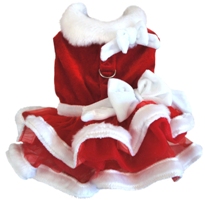 Doggie Design - White Christmas Santa Girl Harness Dress - White Christmas Santa Girl Harness Dress made of Velvet, Red Chiffon, White Faux Fur, trimmed with Bows.  Perfect for the Holidays and Holiday Parties. Doggie Design's new Santa Girl Dress will make your little girl look like a Movie Star!  Made with soft Red Velvet Bodice.  It Features 2 Skirt layers of Red Chiffon that are Trimmed in White Fur.  Two adorable soft white Bows for that festive look. The Santa Girl Dress is a harness style with Velcro closures and D-ring for easy leash attachment. Comes with D-Ring.