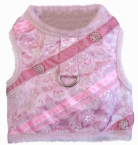 Doggie Design - Pink Brocade Minky Plush Harness Vest with Matching Leash - Pink brocade jewel and minky plush harness and leash set is super soft and warm.  Made with very high-end brocade satin fabric, lined with thick and soft minky plush fur.  Adorned with pink and clear rhinestone jewels set on diagonal strips of pink organza.  Matching leash included.