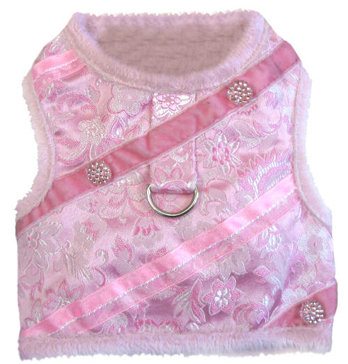 Doggie Design - Pink Brocade Minky Plush Harness Vest with Matching Leash - Pink brocade jewel and minky plush harness and leash set is super soft and warm.  Made with very high-end brocade satin fabric, lined with thick and soft minky plush fur.  Adorned with pink and clear rhinestone jewels set on diagonal strips of pink organza.  Matching leash included.