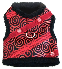 Doggie Design - Ruby Red Brocade Minky Plush Harness Vest with Matching Leash - Ruby Red brocade jewel and minky plush harness and leash set is super soft and warm.  Made with very high-end brocade satin fabric, lined with thick and soft minky plush fur.  Adorned with ruby red and clear rhinestone jewels set on diagonal strips of red organza.  Matching leash included.