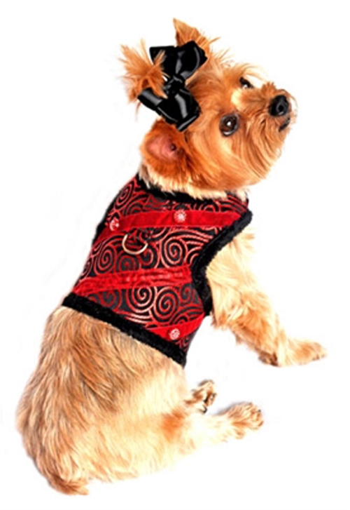 Doggie Design - Ruby Red Brocade Minky Plush Harness Vest with Matching Leash - Ruby Red brocade jewel and minky plush harness and leash set is super soft and warm.  Made with very high-end brocade satin fabric, lined with thick and soft minky plush fur.  Adorned with ruby red and clear rhinestone jewels set on diagonal strips of red organza.  Matching leash included.