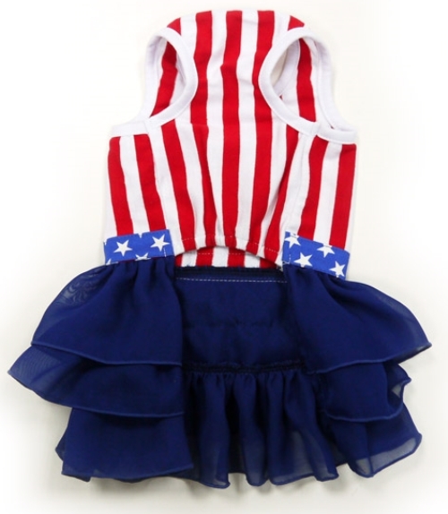 DOGO Design - American Girl Dress - USA Red, White, and Blue!  Good old American flag design with added spice.  Detailed star belt with bow and multi-layered ruffled navy blue skirt.  Leash hole.