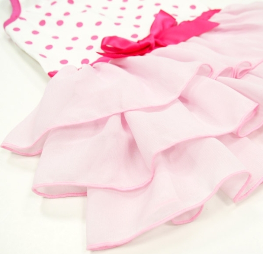 DOGO Design - Dot N Ruffle Dress - Bright and princess style look featuring polka dot patter with pretty ruffles complege with sweet pink bow. She is sure to be the center of attention. Stretch cotton bodice with convenient leash hole. 