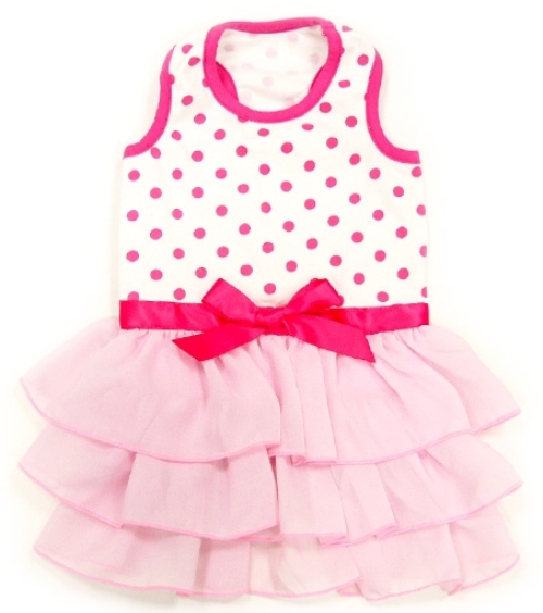 DOGO Design - Dot N Ruffle Dress - Bright and princess style look featuring polka dot patter with pretty ruffles complege with sweet pink bow. She is sure to be the center of attention. Stretch cotton bodice with convenient leash hole. 