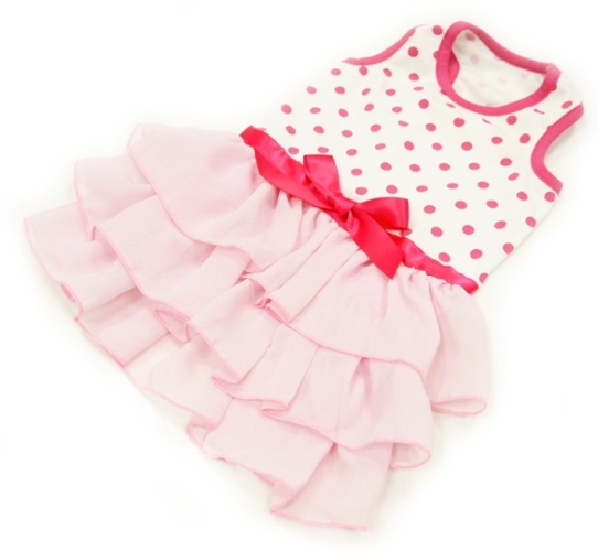 DOGO Design - Dot N Ruffle Dress - Bright and princess style look featuring polka dot patter with pretty ruffles complege with sweet pink bow. She is sure to be the center of attention. Stretch cotton bodice with convenient leash hole. 