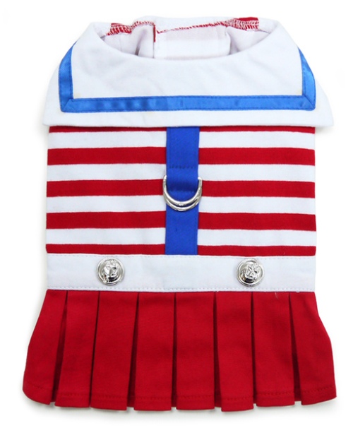 DOGO Design - EasyD Sailor Harness Vest Dress - Nautical sailor stripe with pleated skirt and decorative buttons.  Strong Velcro fastening across the chest and belly which makes this harness dress very comfortable to wear, as well as easy to remove. D ring attachment on the outside allows for simple link or removal of your leash.