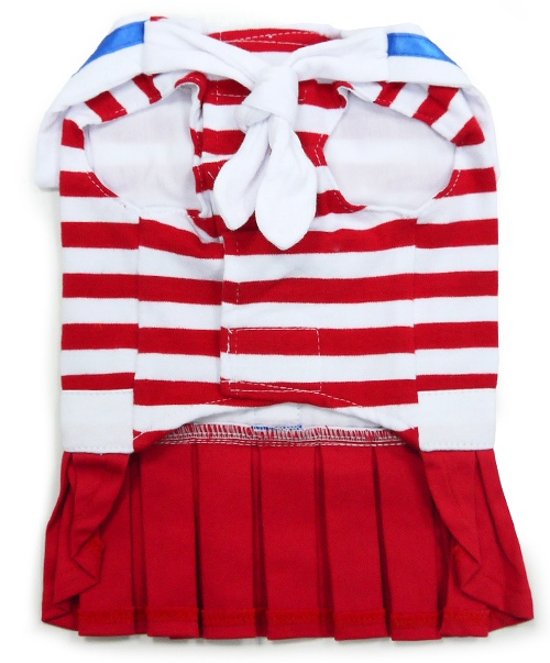 DOGO Design - EasyD Sailor Harness Vest Dress - Nautical sailor stripe with pleated skirt and decorative buttons.  Strong Velcro fastening across the chest and belly which makes this harness dress very comfortable to wear, as well as easy to remove. D ring attachment on the outside allows for simple link or removal of your leash.