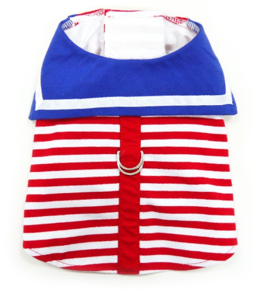 DOGO Design - EasyD Sailor Harness Vest - Sailor inspired Easy-D Harness vest.  Red stripes with detailed blue sailor collar and scarf.  Strong Velcro fastening across the chest and belly which makes them very comfortable to wear, as well as easy to remove. D ring attachment on the outside allows for simple link or removal of the leash.