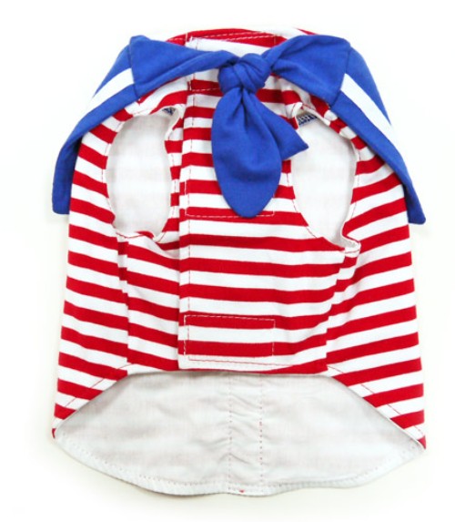 DOGO Design - EasyD Sailor Harness Vest - Sailor inspired Easy-D Harness vest.  Red stripes with detailed blue sailor collar and scarf.  Strong Velcro fastening across the chest and belly which makes them very comfortable to wear, as well as easy to remove. D ring attachment on the outside allows for simple link or removal of the leash.