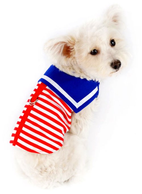 DOGO Design - EasyD Sailor Harness Vest - Sailor inspired Easy-D Harness vest.  Red stripes with detailed blue sailor collar and scarf.  Strong Velcro fastening across the chest and belly which makes them very comfortable to wear, as well as easy to remove. D ring attachment on the outside allows for simple link or removal of the leash.