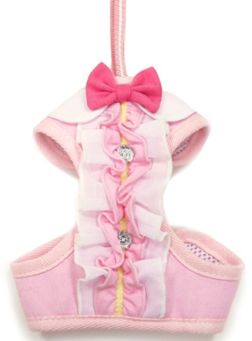 DOGO - EasyGo Ruffle Step-In Harness with Leash - Pretty ruffle with rhinestones and a pink bow.  The best all-in-one soft harness.  Easy, safe, and comfortable to wear.  It features buckless step-in design that is secured by a simple slide down clip.  Matching leash is included with every EasyGO!