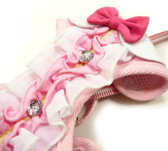 DOGO - EasyGo Ruffle Step-In Harness with Leash - Pretty ruffle with rhinestones and a pink bow.  The best all-in-one soft harness.  Easy, safe, and comfortable to wear.  It features buckless step-in design that is secured by a simple slide down clip.  Matching leash is included with every EasyGO!