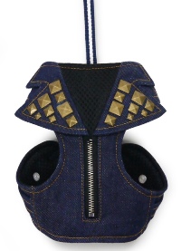 DOGO Design - EasyGo Denim Harness with Leash - Denim fabric with decorative pyramid studs.  The best all-in-one soft harness.  Easy, safe, and comfortable to wear. It features buckless step-in design that is secured by a simple slide down clip.  Matching lead is included with every EasyGO!
