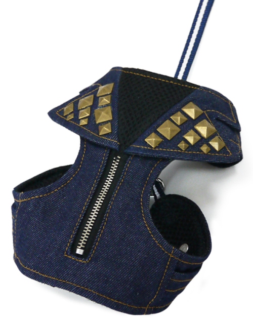 DOGO Design - EasyGo Denim Harness with Leash - Denim fabric with decorative pyramid studs.  The best all-in-one soft harness.  Easy, safe, and comfortable to wear. It features buckless step-in design that is secured by a simple slide down clip.  Matching lead is included with every EasyGO!