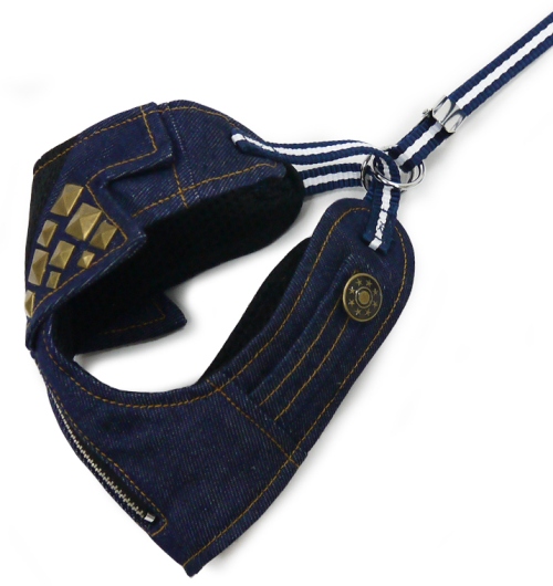 DOGO Design - EasyGo Denim Harness with Leash - Denim fabric with decorative pyramid studs.  The best all-in-one soft harness.  Easy, safe, and comfortable to wear. It features buckless step-in design that is secured by a simple slide down clip.  Matching lead is included with every EasyGO!