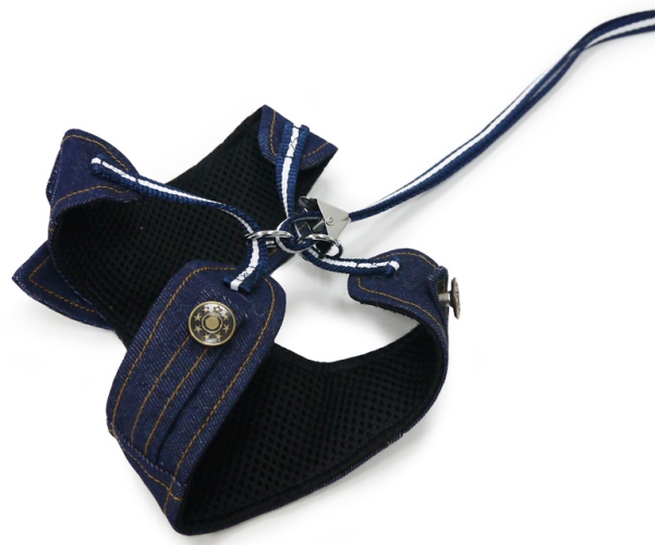 DOGO Design - EasyGo Denim Harness with Leash - Denim fabric with decorative pyramid studs.  The best all-in-one soft harness.  Easy, safe, and comfortable to wear. It features buckless step-in design that is secured by a simple slide down clip.  Matching lead is included with every EasyGO!