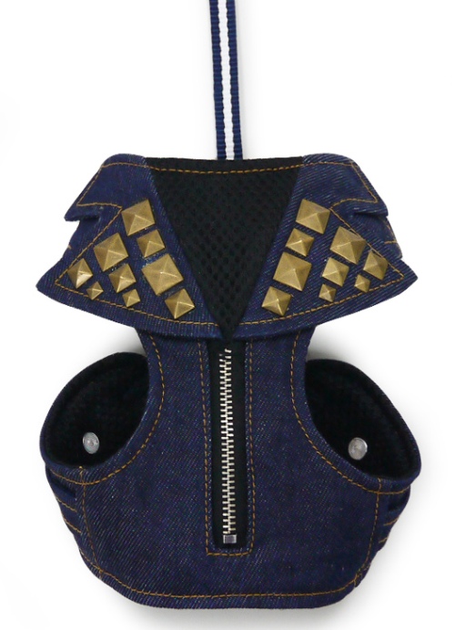 DOGO Design - EasyGo Denim Harness with Leash - Denim fabric with decorative pyramid studs.  The best all-in-one soft harness.  Easy, safe, and comfortable to wear. It features buckless step-in design that is secured by a simple slide down clip.  Matching lead is included with every EasyGO!