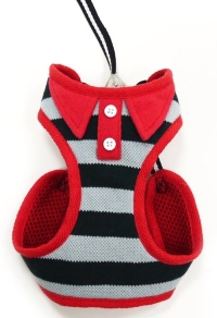 DOGO Design - EasyGo Polo Black & Red Step-In Harness with Leash.  Stripe color with Polo shirt styled collar and buttons.  The best all-in-one soft harness.  Easy, safe, and comfortable to wear.  It features buckle-less step-in design that is secured by a simple slide down clip.  Matching lead is included with every EasyGO!